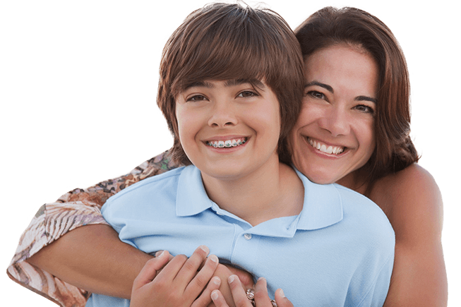 Mother hugging her son who has braces